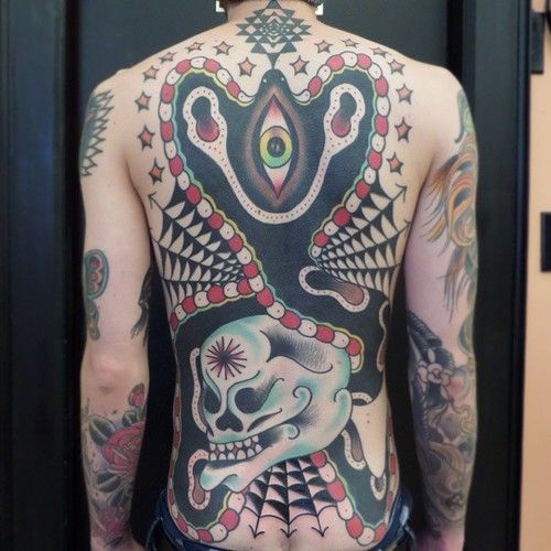 Full back tattoo by Dustin Barnhart