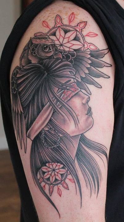 Indian girl and owl tattoo