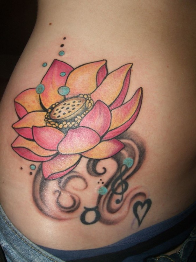 Red and yellow lotus flower tattoo