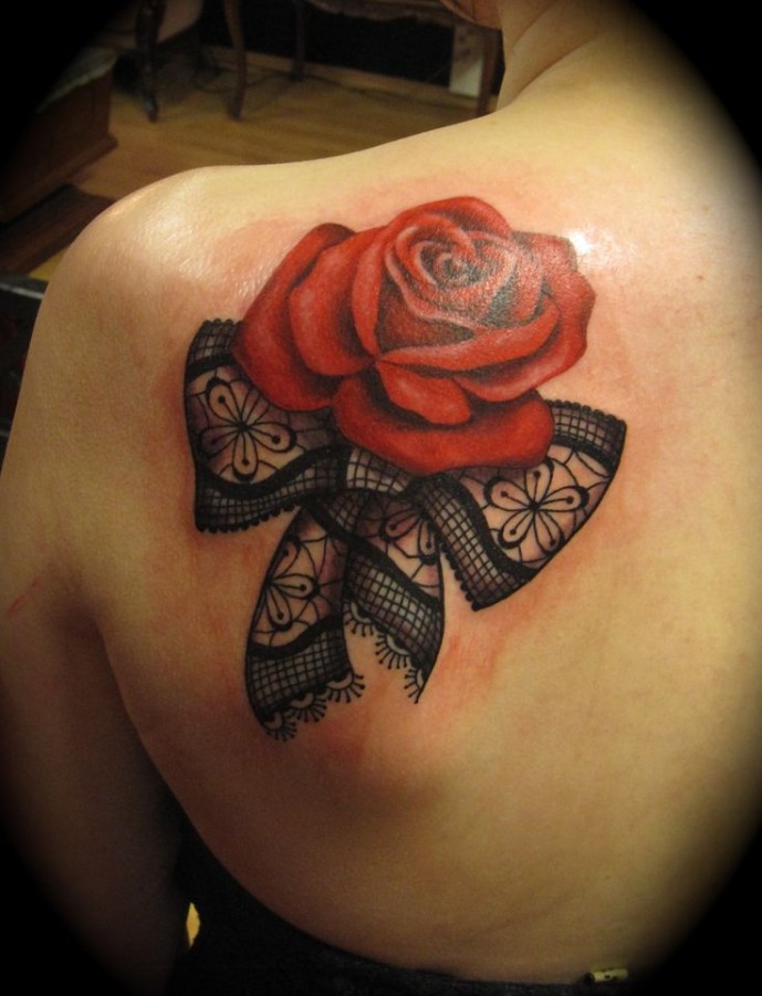 Red rose and bow lace tattoo