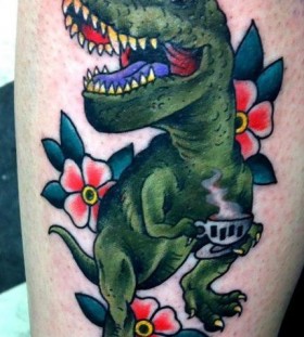 Tea cup and dinosaur tattoo