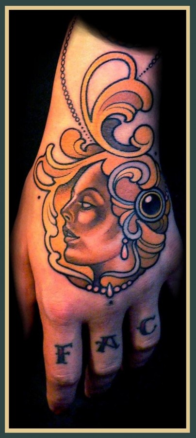 Yellow girl tattoo made by Berlin artist