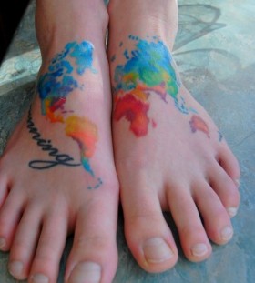 Amazing colorful map tattoo on legs