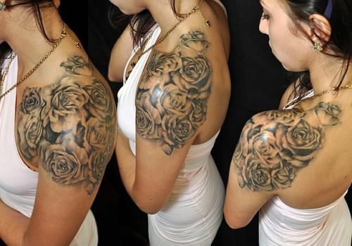 Amazing front rose tattoo on shoulder