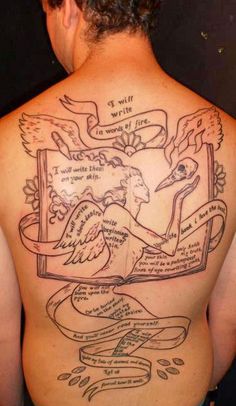 Amazing simple men’s back book tattoo