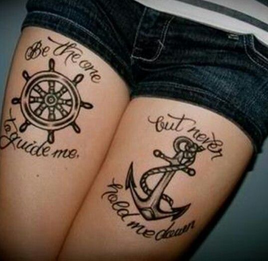 Anchor and lovely black quote tattoo on leg