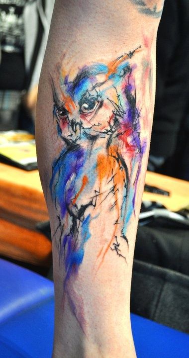 Angry owl watercolor tattoo