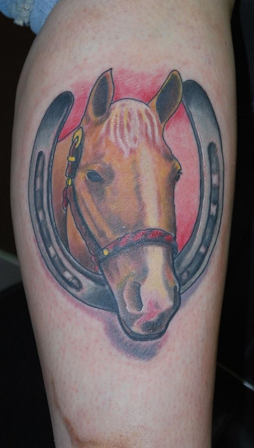 Awesome brown horse with horse shoe tattoo