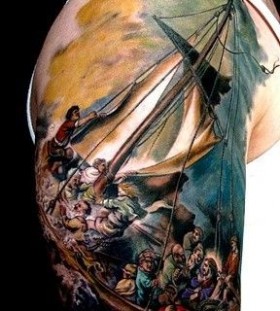 Awesome peoples and ship tattoo on arm