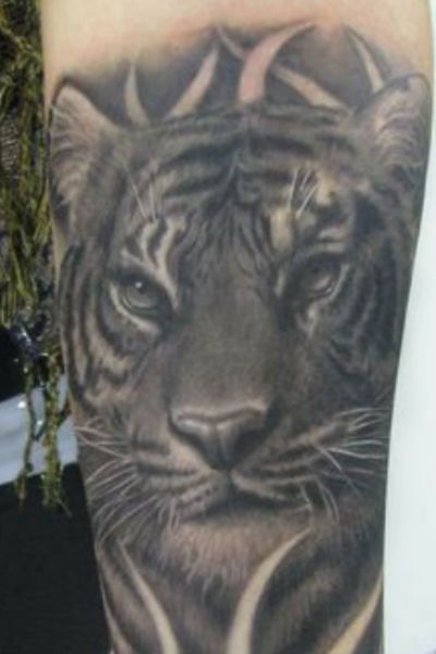 Black and white tiger tattoo on arm