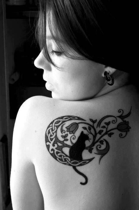 Black cat and rose back moon tattoo