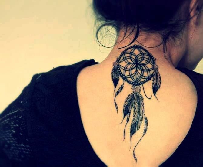 Black dream catcher tattoo on back