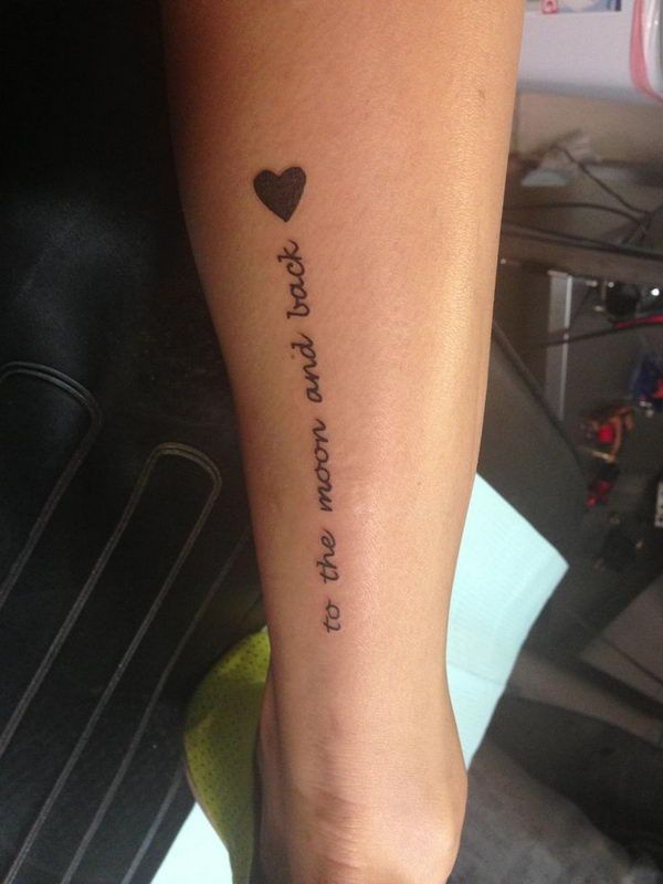 Black lovely heart and quote tattoo on leg