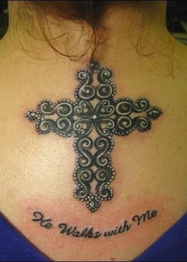 Black ornaments back cross tattoo