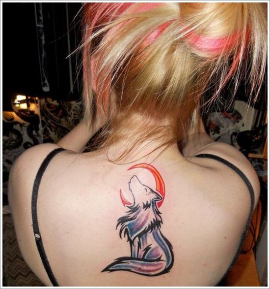 Black wolf and red back moon tattoo
