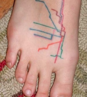 Blue, red, yellow and green map tattoo on legs