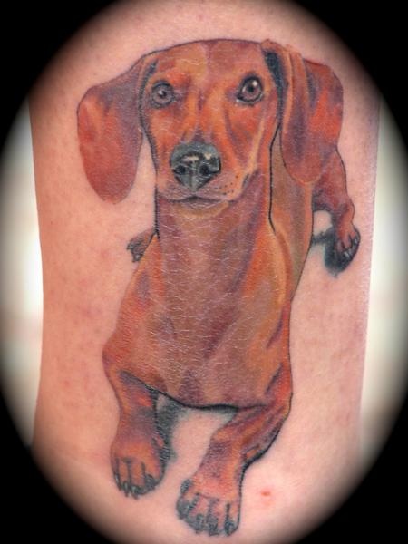 Brown long dog tattoo on leg