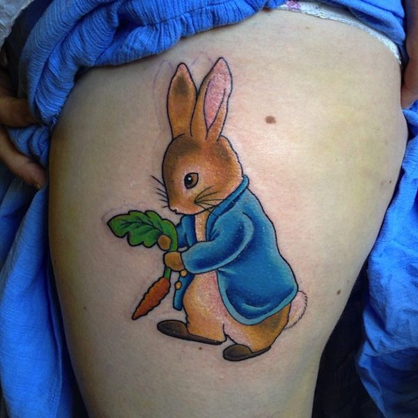 Carrot and lovely rabbit tattoo on arm