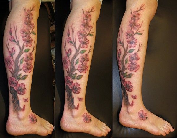 Cherry blossom red tree tattoo on leg