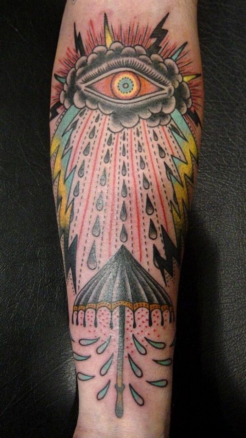 Colorful red eye tattoo on arm