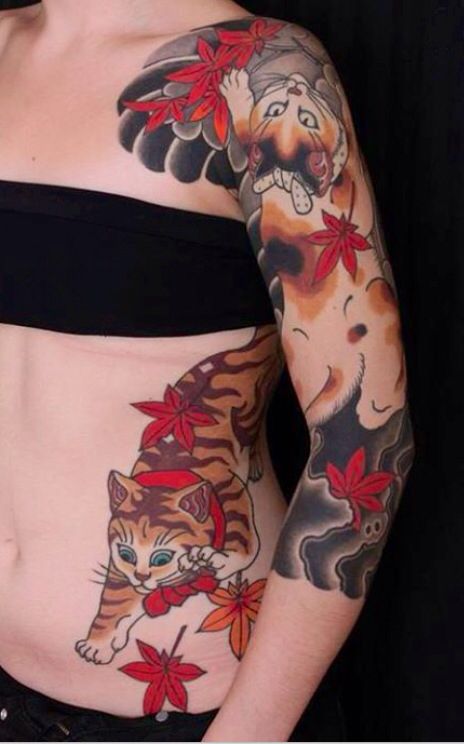 Colorful women’s cat tattoo on arm