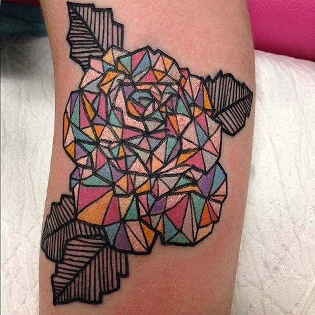 Cool colorful origami tattoo on leg