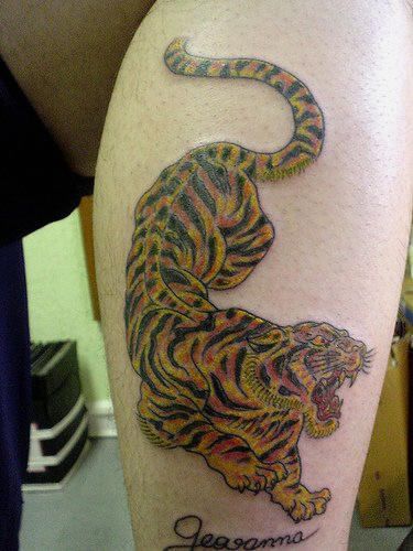 Cool colorful tiger tattoo on leg