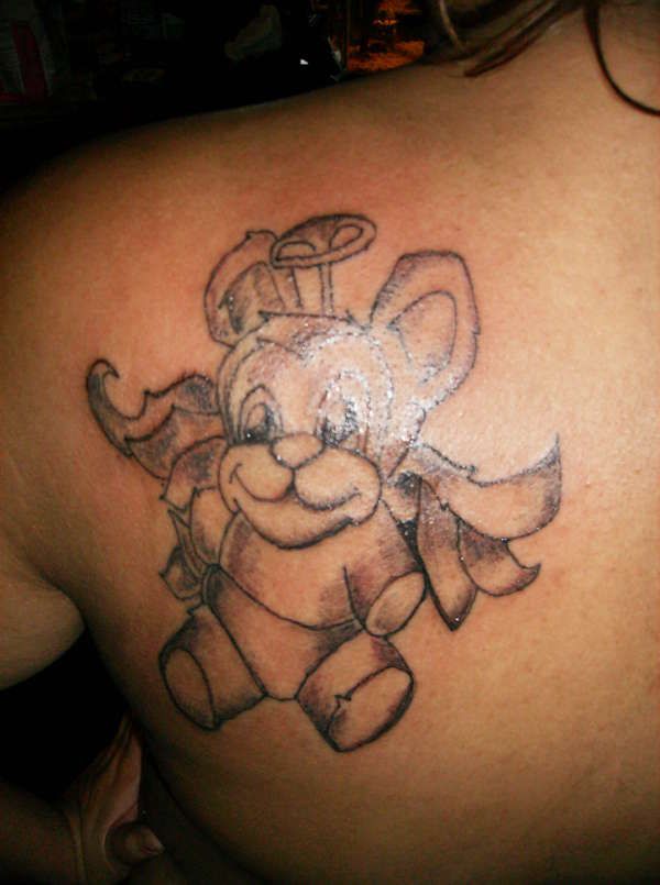 Cute angel teddy bear tattoo on shoulder
