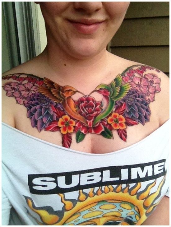 Cute birds and colorful flower tattoo on chest