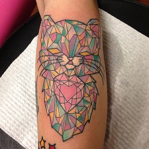 Cutest cat crystal tattoo on leg