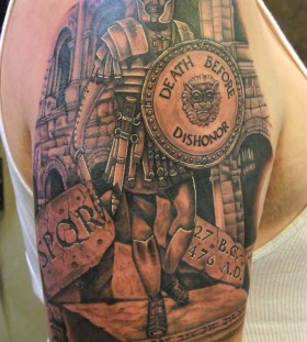 Death before soldier tattoo on arm