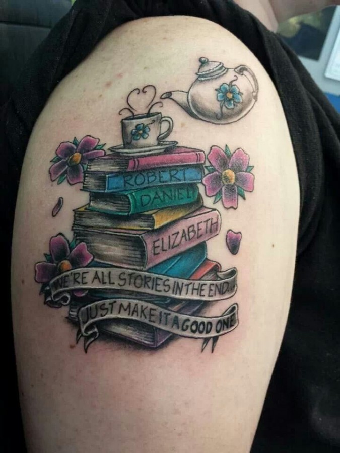 Different names and book tattoo on arm