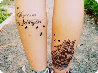 Get up ship and quote tattoo on leg