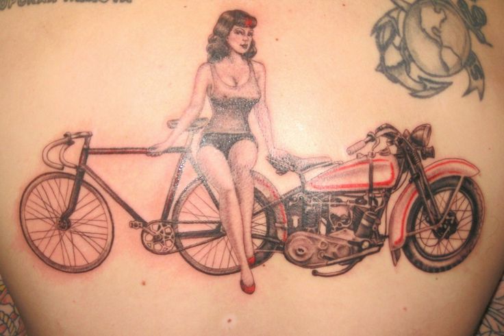 Girl with bike and bicycle tattoo on back
