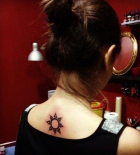 Girl's ornaments back sun tattoo
