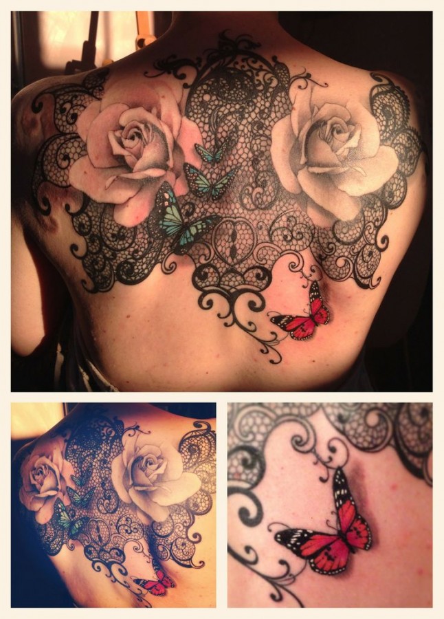 Gorgeous roses, lace and butterfly tattoo on shoulder