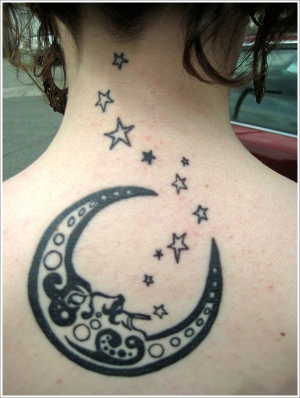 Gorgeous stars and black back moon tattoo