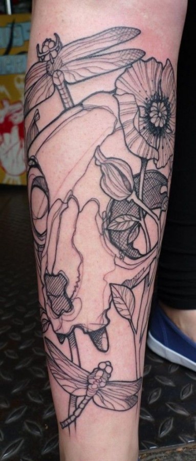 Great black poppy tattoo on leg