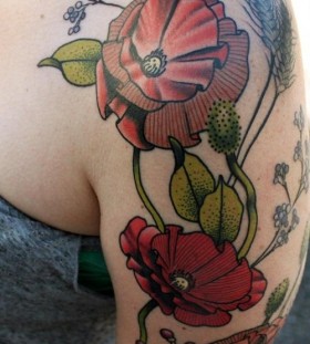 Green leafs and poppies tattoos on arm