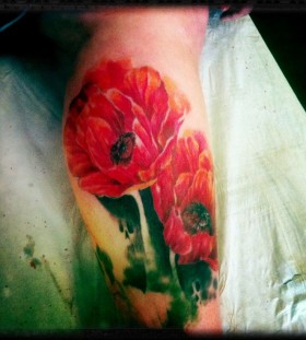 Inspiration of red poppy tattoo on leg
