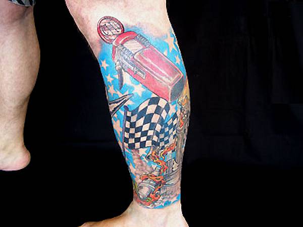 Left blue car tattoo on leg