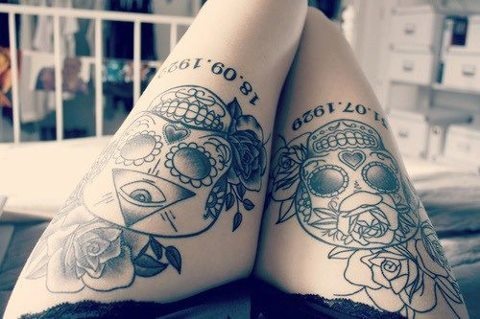 Numbers and skull tattoo on leg