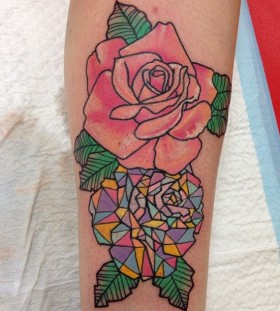 Pink rose crystal tattoo on leg