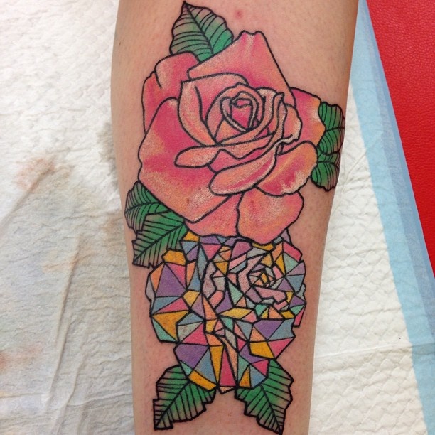 Pink rose crystal tattoo on leg