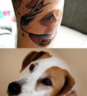 Portrait of realistic dog tattoo on leg