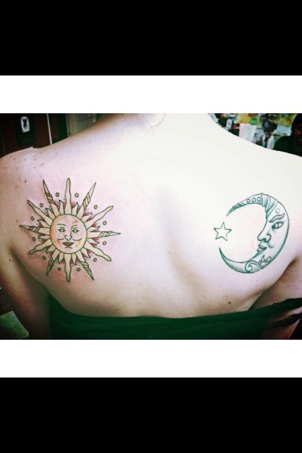 Pretty sun and blue moon tattoo on shoulder