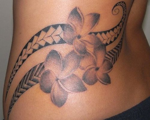 Purple and black flowers hawaiian style tattoo