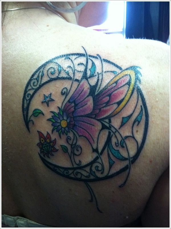 Purple flower and black back moon tattoo