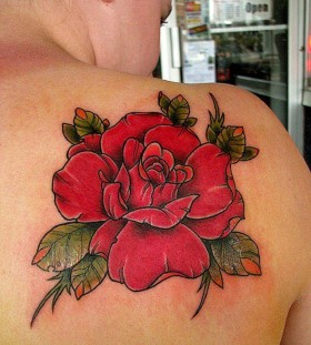 Red amazing rose tattoo on shoulder