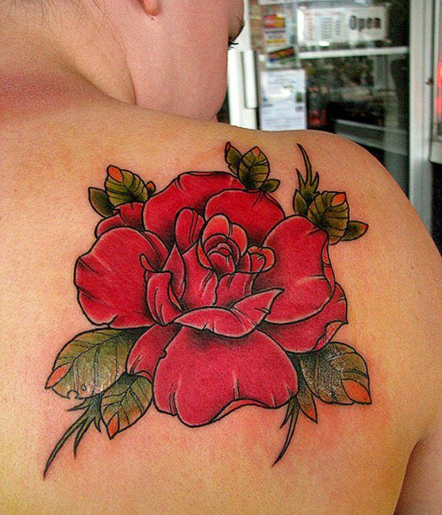 Red amazing rose tattoo on shoulder